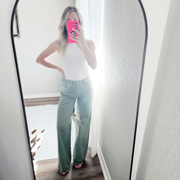 RISEN High Rise Wide Leg Olive Denim Jeans Classic Frayed Hem Size 1/25 NEW - Picture 4 of 15